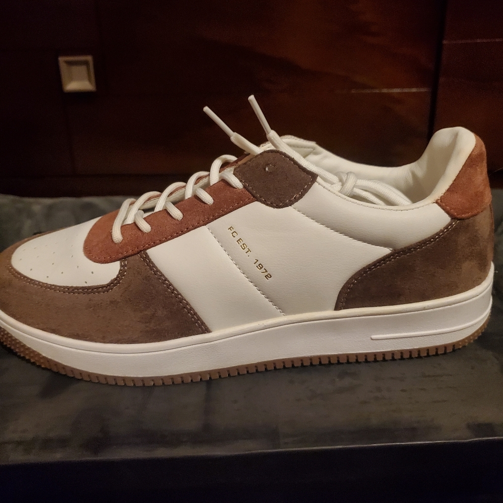 French Connection sneakers, US size 9, vegan leather/Suede, cream/brown